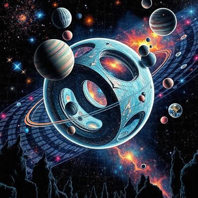 The primary subject of the image is a large, blue, and white planet with a unique, swirling design. The setting is a space filled with various celestial bodies, including planets, moons, and stars. The visual style is a digital art or illustration, creating a vibrant and dynamic scene. The colors and mood of the image are predominantly blue and white, with a sense of wonder and exploration.